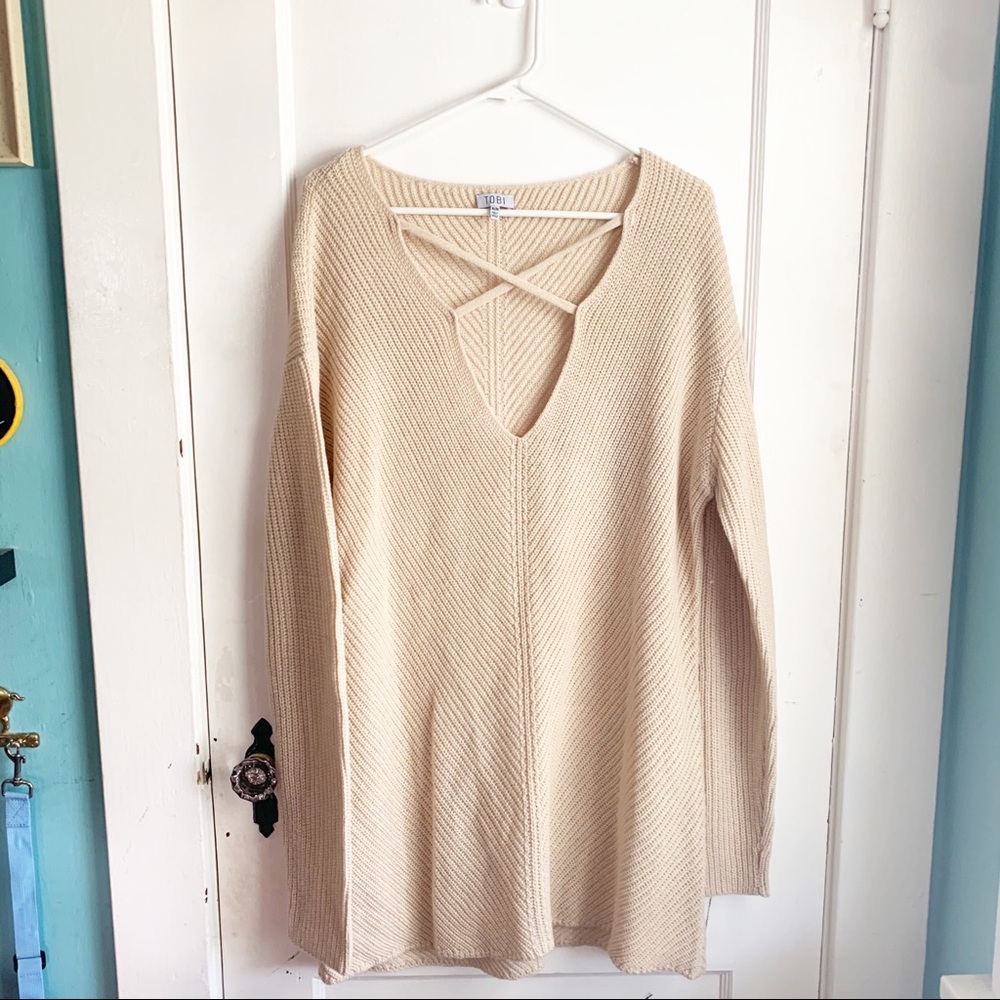 TOBI Don’t Let Me Down Oatmeal Knit Sweater Dress Open Criss Cross Medium M - Picture 2 of 8